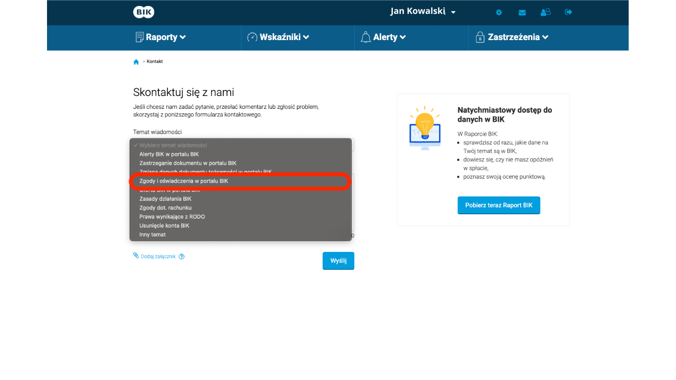 Wybór tematu kontaktu w profilu prywatnym BIK